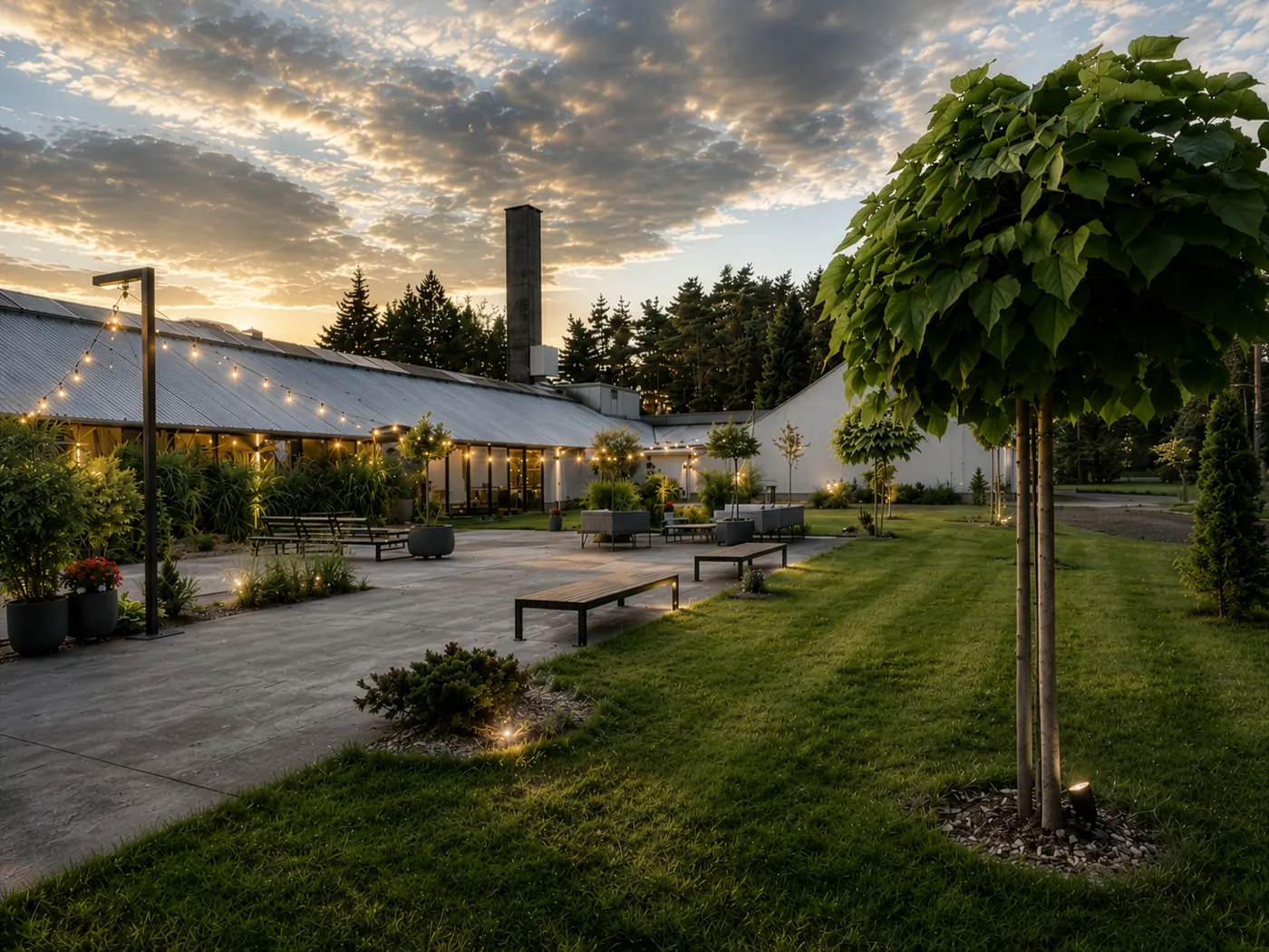Patio Szqlarni o zmierzchu — girlandy świateł nad tarasem
